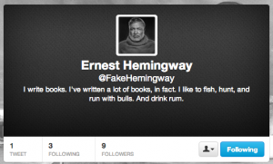 Fake Ernest Hemingway Twitter account bio