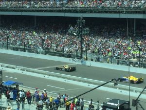 At the Start/Finish line of the Indy 500 2016; telling people to write good content is like telling race car drivers to drive fast