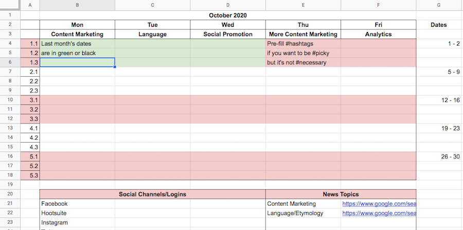 A sample editorial calendar for social media and content marketing.