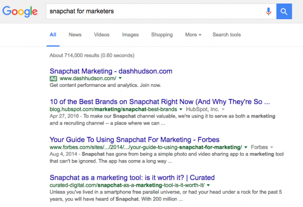 Google Results of Snapchat for Marketers