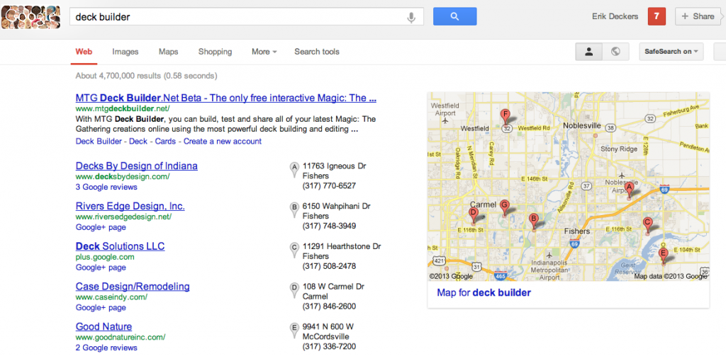 Google search for Deck Builder in north Indianapolis, IN