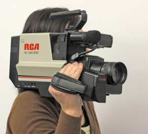 A shoulder-mounted RCA VHS video camera. Not suitable for video content marketing, no matter what happens!