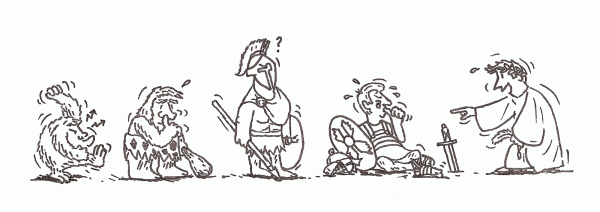 From Wikimedia Commons: This would be the evolution of violence: starting from a raving primate, we develop into a nose-detecting homo habilis, then a greek hoplite looking at the next man, a roman legionary, who sits weeping because of the mockeries of a satiric poet.
