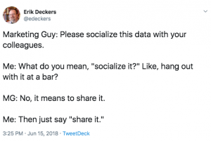 A tweet I wrote about the jargon word "to socialize."
